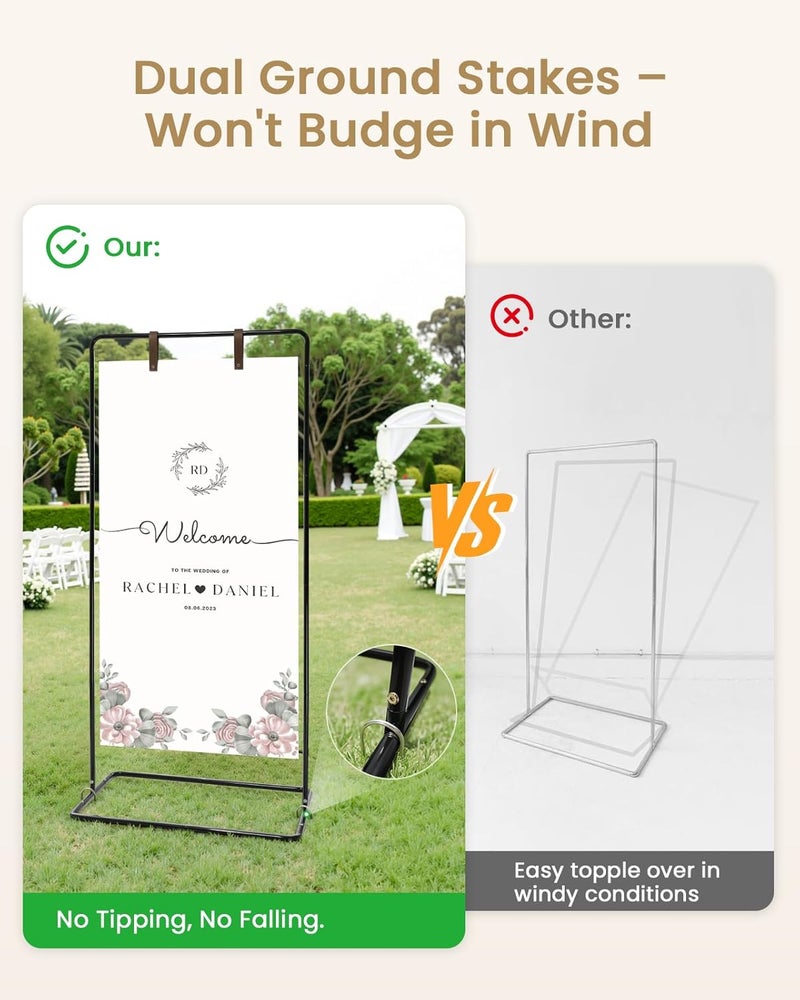 Victawks Wedding Welcome Sign Stand, Welcome to our Wedding Sign Holder, Black Easel Stand for Sign Poster With Design Bundle & Ground Stakes & Leather Sign Hanging Straps, Linen Sign Stand for Wedding Decor - Image 3
